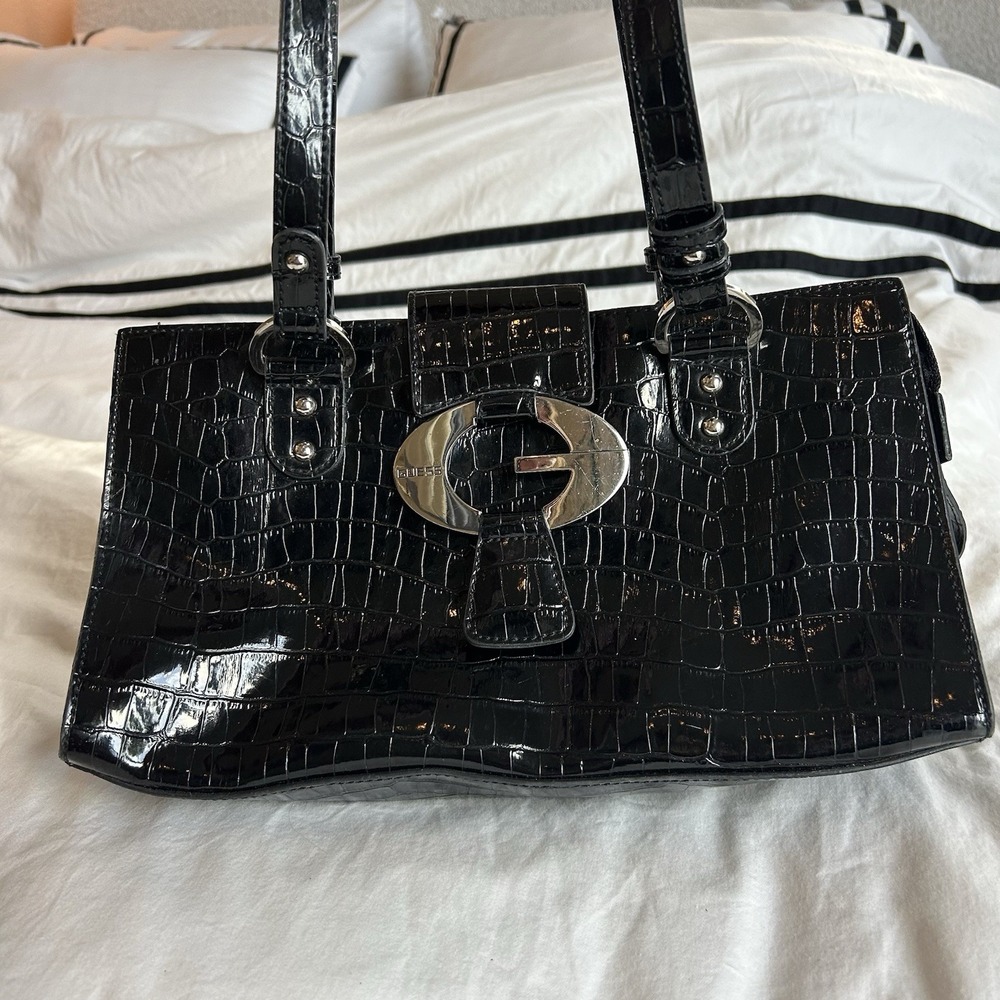 Vintage Y2K Guess Faux Leather Bag Purse Shoulder Top Handles Black Crocodile